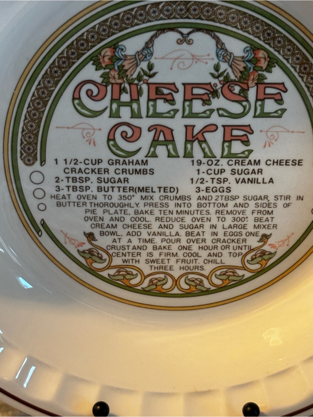 Vintage Cheesecake Pie Pan Dish - Printed Recipe Vintage Ceramic Pie Plate 10" - Picture 2 of 7